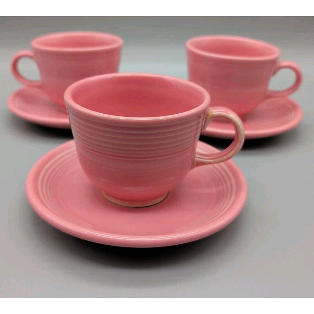 Fiestaware Fiesta Rose Set of 3 Flat Cups & Saucers Pink Homer Laughlin HLC